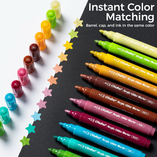 Ohuhu Acrylic Metallic Glitter Markers, 24 Colors - 0.7mm & 3mm Tip Paint Pens